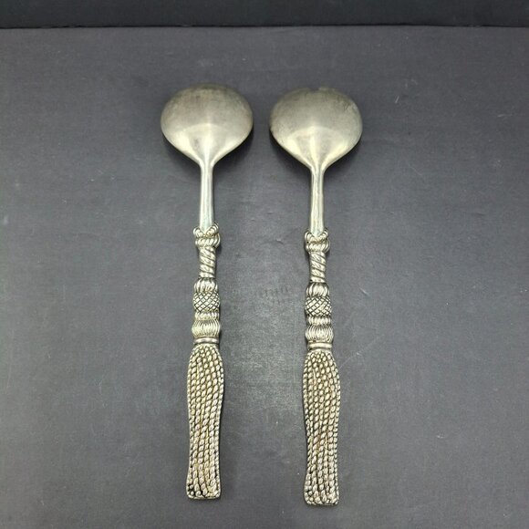 Silea Silver Plate Salad Serving Set Fork & Spoon Textured Rope Handle -Italy - Picture 2 of 14